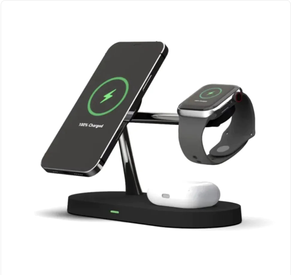 Magnetic Wireless charging stand with smartphone, smartwatch, and earbuds on a white background