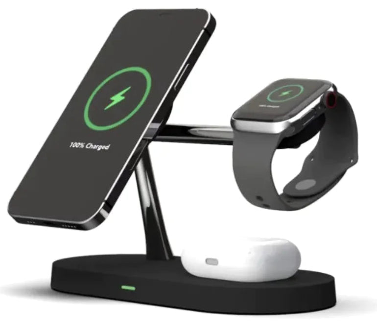 Wireless magnetic charging stand with smartphone, smartwatch, and earbuds on a white background