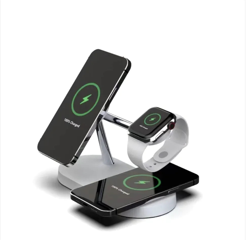 Multi-device wireless charging stand with two smartphones and a smartwatch, on a white background