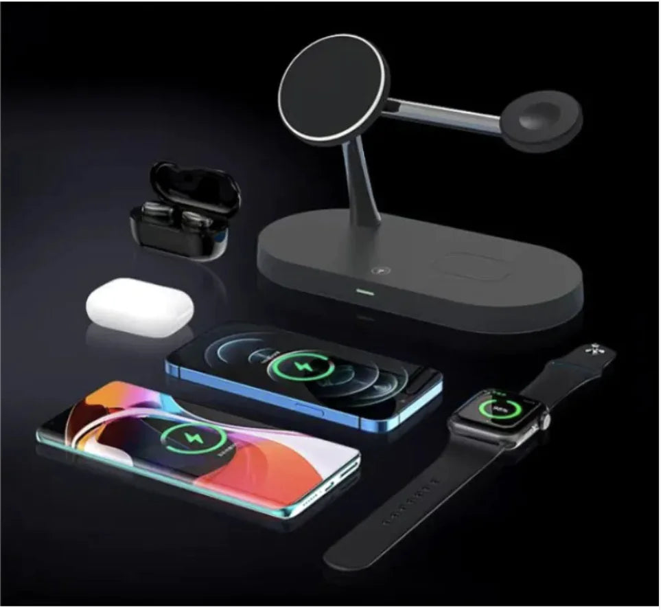 Wireless charging station with smartphone, watch, and earbuds on a black background