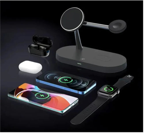 Wireless charging station with smartphone, watch, and earbuds on a black background